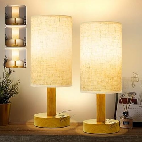Small Cordless Touch Bedside Table Lamps Set of 2,Minimalist Dimmable Battery-Powered Desk Lamps with Round Fabric Linen Shade,Mini Nightstand Warm Night Lights for Bedroom,Home,Living Room,Office