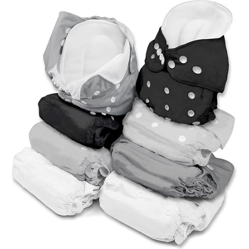 BaeBae Goods Adjustable Cloth Diapers for Boys and Girls – 8 Reusable Cloth Diapers for Babies with 8 Cloth Diaper Inserts (Solid Grey)