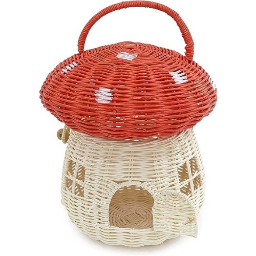 KOLWOVEN Mushroom Rattan Storage Basket with Lid - Mouse in a Box House- Small Doll house- Decorative Hand Woven Shelf Organizer Cute Handmade Handcrafted Gift Decoration Artwork Wicker (Natural)