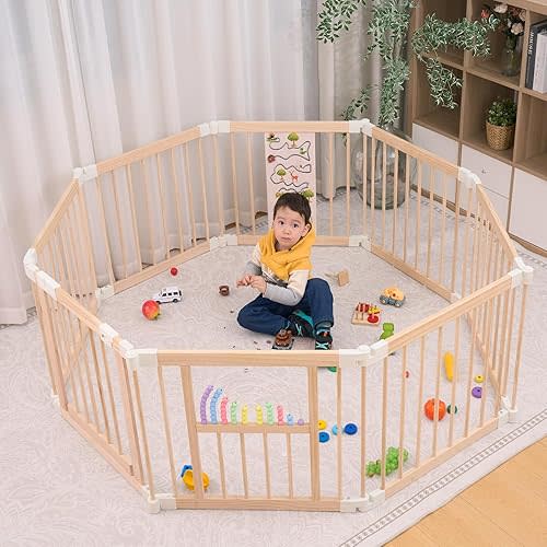 Baby Playpen, Retractable Baby Gates, Foldable Baby Play Yard, Portable Playpen with Locking Gate, Wooden Play Pen for Babies and Toddlers, Pack and Play, Baby Fence Play Area (57x57x24 inches)