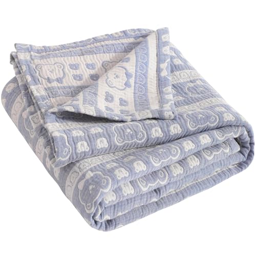 NTBAY 3 Layer Muslin Cotton Toddler Blanket, Jacquard Reversible Nursery Bed Blanket, Super Soft and Thermal for All Seasons, Decoration Gift, 30"x40", Blue Bear