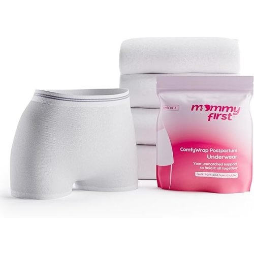 Mommy First® High-Waisted Postpartum Underwear | Soft, Breathable, Stretchable Hospital Panties for C-Section & Vaginal Delivery Recovery | Disposable & Washable | Waist 28" to 40" | Pack of 4 White