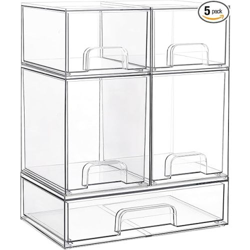 Vtopmart Stackable Storage Drawers Set of 5, Clear Plastic Organizer Bins for Beauty Supplies,Ideal for Vanity, Bathroom,Cabinet,Pantry Organization