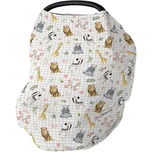 African Safari Animals Car Seat Cover for Babies Elephant Lion Giraffe Hippo Tropical Flower Leaves Stretchy 5-in-1 Cover Adjustable Infant Carseat Cover Canopy Zoo Jungle Breathable Nursing Cover-Up