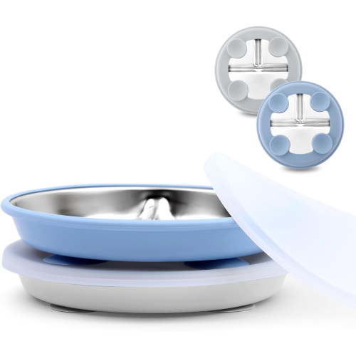 Stainless Steel Toddler Suction Plate with Lid, Deeper 9" Divided Plates with Removable Silicone Sleeves for Kids, Non Toxic & BPA Free | Unbreakable Baby Snack Dishes Set of 2, Blue & Gray