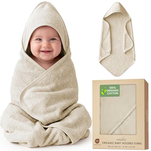 100% Organic Cotton Plush Woven Hooded Baby Bath Towels - Soft and Absorbent 31x31 Inches for Newborns and Kids, Hooded Baby Towels, Premium Infant Towels (Ivory)