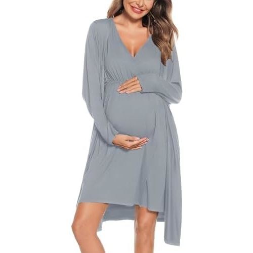 SWOMOG Women Maternity Nursing Gown and Robe Set 3 in 1 Labor Delivery Nursing Nightgown for Breastfeeding Hospital Bathrobe