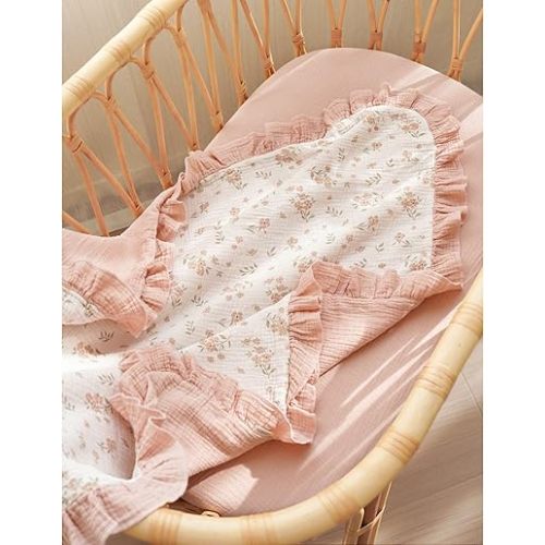 Konssy Flounce Muslin Baby Blanket for Girls Boys, 100% Cotton Soft Crib Swaddle Blankets, Reversible & Breathable Nursery Bedding for Newborns Toddlers, 43 x 39 Inches (Blossom)