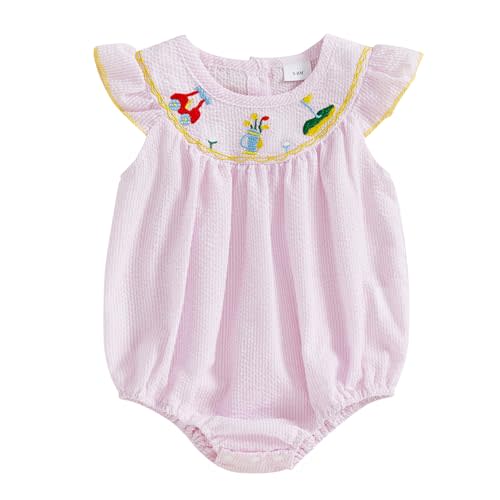 JLKGICF Newborn Baby Girl Summer Clothes Golf Cart Embroidery Smocked Bubble Romper Fly Sleeve Bodysuit Jumpsuit Outfit (Pink Golf, 6-12 Months)