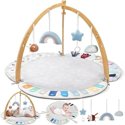 EXIN DECHEN Baby Play Gym & Activity Mat,Natural Organic Bamboo Frame with 4 Detachable Sensory Toys,Tummy Time Mat,Play Mat for Babies 0-6 Months,Newborn Play Mat,Baby Essentials Gifts
