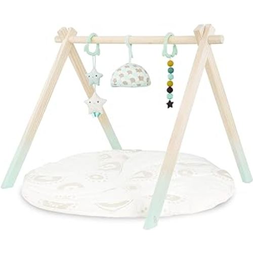 B. toys- B. baby- Wooden Baby Play Gym – Activity Mat – Starry Sky – 3 Hanging Sensory Toys – Natural Wood – Babies, Infants