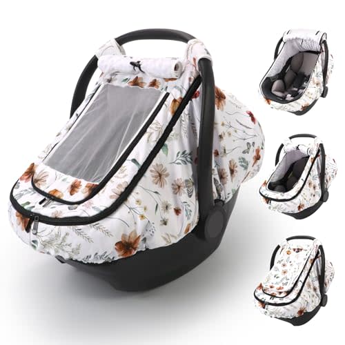 Sweetwavet Car Seat Cover Baby Girls, Infant Car Seat Canopy Outdoor, 2 Layers with Mesh and Sun Shade Window for Summer Winter, Easy Access Carseat Covers Snug Fit Baby Stroller - Brown Wildflower