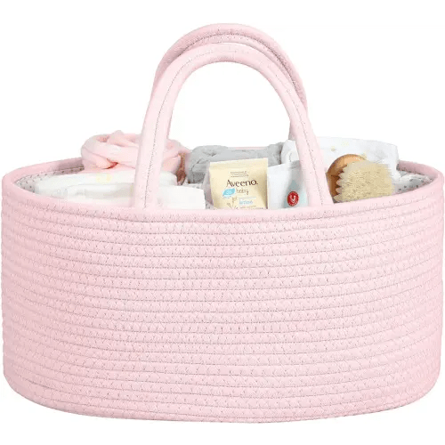 Baby Diaper Caddy Organizer for Girl Boy Rope Car Diaper Caddy Organizer Basket for Changing Table Cart Portable Diaper Organizer Caddy Tote Baby Organizer for Nursery Shower Registry Pink