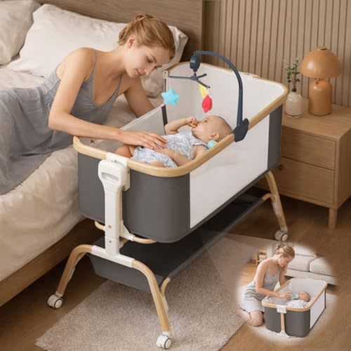 Mariserenity Rocking Baby Bassinet Bedside Sleeper, Detachable Portable Bassinet & Adjustable Crib with 8 Heights, Breathable Mesh, Storage Basket & Mobile Toy for Newborns to Toddlers(Graphite)
