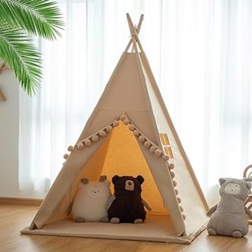 Teepee Tent with Large Pompom & Padded Mat Bunting Banner Fairy Lights - Kids Play Tent with Carry Bay for Indoor and Outdoor, Play House Toys for Toddler, Boys and Girls, Khaki