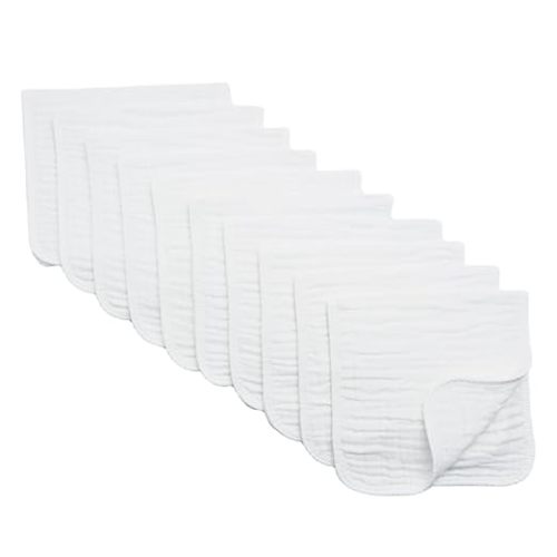 Synrroe Burp Cloths Large, Muslin Burp Cloths for Baby Girls and Boys, Pack of 10 Extra Absorbent and Soft Muslin Bibs, 6 Layers 20 by 10 Inches 100% Cotton (White 10 Pack) - Large 10 Pack