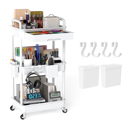 LLMRR 3 Tier Rolling Utility Cart with Drawer, Plastic Storage Organizer Rolling Carts with Wheels Handles Hanging Cups Hooks for Office, Bathroom, Kitchen,Craft Art Room (White)