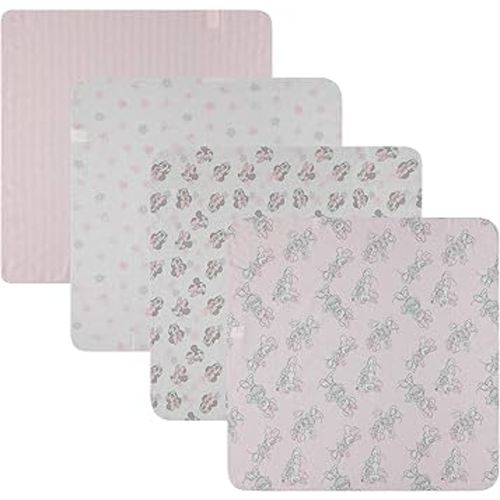 Disney Baby 4-Pack Receiving Blankets — 100% Cotton Flannel, 28" x 28" — Available in Mickey, Minnie, Pooh, Stitch or Angel — Soft Swaddle, Burp & Stroller Blankets — Gift-Ready with Ribbon Bow