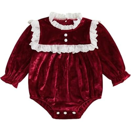 Kuriozud Newborn Baby Girl Fall Winter Clothes Infant Velvet Lace Romper | Baby Girl One Piece Outfit, Velvet Romper with Lace, Good for Birthday, Chritstmas, New Year Gift, Photograhpy, Daily Wear