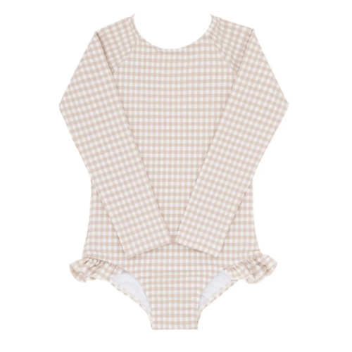 girls brown crinkle gingham rashguard one piece – minnow