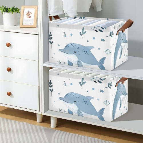 Whale Grass Foldable Storage Large Fabric Storage Baskets Organizer Storage Bins with Handles for Shelves