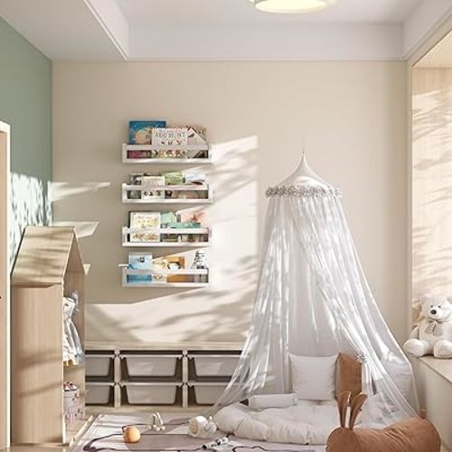 Set of 4 Wall-Mounted Kid's Bookshelf - White Floating Nursery Book Shelves - Durable Wood Construction - Ideal for Nursery Decor, Kids Room, Toy Storage