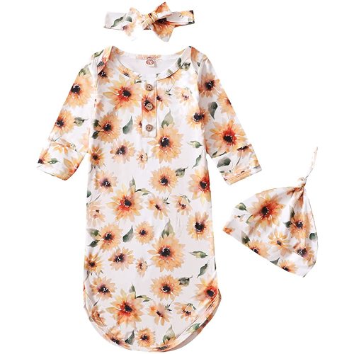 Infant Baby Cotton Sleeper Gown Sunflowers Knotted Pajamas Newborn Sleepwear Sleeping Bag with Headband 2Pcs Set, 0-6 Months