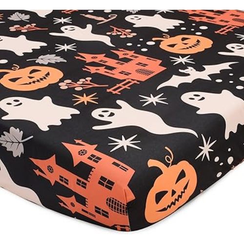 JISEN Halloween Crib Sheet Ghosts Fitted Crib Sheet for Boys Girls Crib Mattress Cover Baby Sheet for Standard Crib and Toddler Mattress Soft Breathable Baby Bed Sheet for Neutral 52x28 Inch Castles