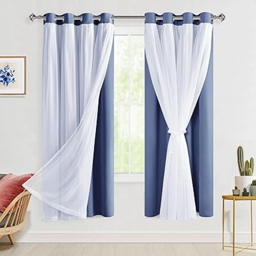 Hiasan Blackout Curtains with Sheer Overlay, Thermal Insulated Mix & Match Double Layer Room Darkening Window Curtains for Bedroom,Living Room,Nursery 2 Panels with Tiebacks (52W X 63L,Blue Haze)