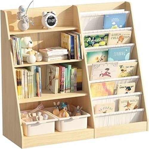 4 Tier Kids Bookshelf Baby Toddler Book Rack Children Bookcase Toy Storage Organizer with 6 Sling Adjustable Shelf for Nursery Playroom Classroom Library Bedroom Natural Wood