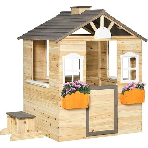 Outsunny Wooden Playhouse for Kids Outdoor Garden Pretend Play Games, Adventures Cottage, with Working Door, Windows, Bench, Service Station, Flowers Pot Holder, for 3-7 Years Old