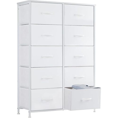 Sweetcrispy 10 Drawer Fabric Dresser Tall Chest Storage Organizer Tower with Cabinet Metal Frame and Wood Top Lightweight Nursery Closet Furniture for Bedroom,Cream White