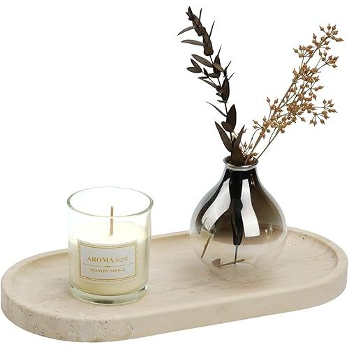 Koville Turkish Natural Travertine Tray, 12" Vanity Decorative Tray for Countertop Organizer, Catchall Tray for Perfume, Candles, Jewelry Dish(Light Beige Travertine)
