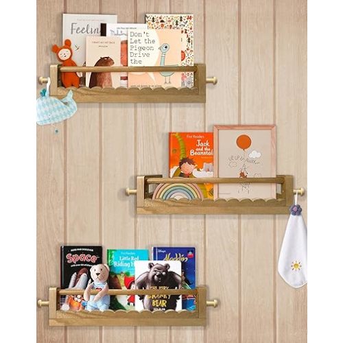 Nursery Book Shelves for Wall – Thick Floating Shelves for Kids' Room, Set of 3 Bookshelves with Wooden Hooks, Perfect for Little Readers, Boys & Girls, Decorative Wall Toy and Decor Organizer, Brown