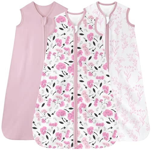 FIEMOL Baby Sleep Sack 6-12 months, 100% Cotton Sleeping Sack for Newborn and Infant, 3 Pack Baby Wearable Blanket, 0.5 Tog Lightweight Double Zipper Sleep Bag Pink Flower