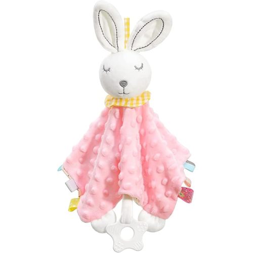 Zooawa Loveys for Babies, Security Blanket Soft Stuffed Animal Bunny Lovey Unisex Lovie Baby Stuff Snuggle Blanket with Tags Teether Bells, Soothing Plush Toys Baby Gift for Newborn, Pink Rabbit