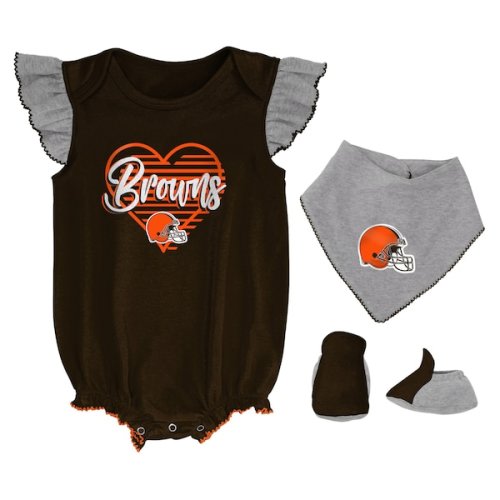Girls Newborn & Infant Cleveland Browns Brown/Heathered Gray All The Love Bodysuit, Bib & Booties Set