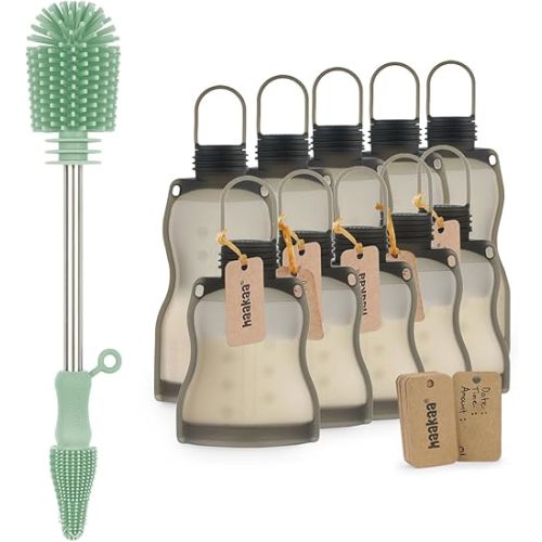 Haakaa Silicone Breastmilk Storage Bags& Cleaning Brush Set-Reusable Leak Proof Breast Milk Storing Freezer Bags for Breastfeeding-Silicone Bottle Brush