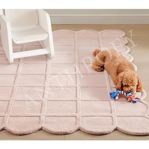 Selena Scallop Area Rug – 5’ x 8' – Handmade Wool Area Rugs – Pink – Rugs for Living Room, Bedroom – Anti-Skid – Carpets with Non-Slip Natural Backing with 100% Cotton