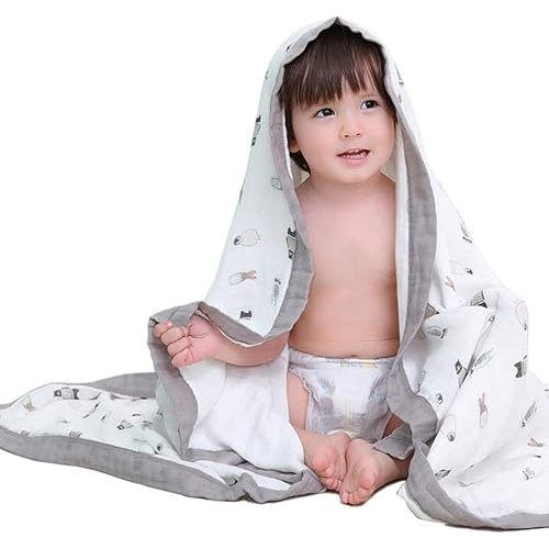 Baby Muslin Swaddle Blankets - Gray Soft Toddler Quilt Everything Blanket Wrap Perfect for Newborn Sensitive Skin - 43 X 45 inchs (Penguin Raccoon)