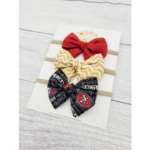 San Francisco 49ers set of 3 fabric hair bows - gold hair bows -  football bow - baby shower gift - toddler child - clips or headbands