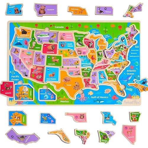 Montessori Mama USA Map Wooden Puzzle, Puzzles for Kids Ages 4-6 Educational Toys for 4 Year Old Kids Puzzles Ages 5-8 Landmarks, Animals, Capitols and States