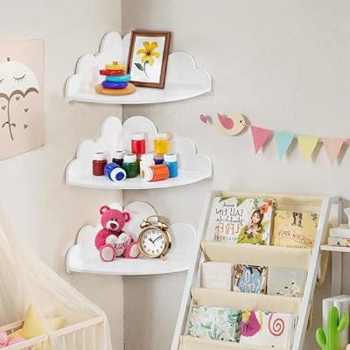 White Floating Cloud Shelves- Small Corner Shelves for Cloud Nursery Wall Decor, Set of 3 Hanging Display Wall Shelves for Kid's Bedroom Living Room
