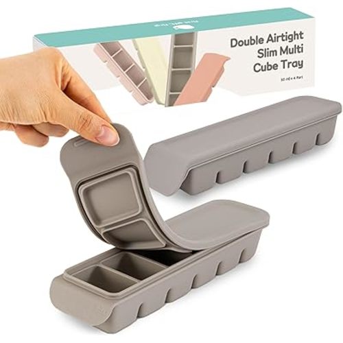 6 Section-1oz, Gray 100% Food Grade Silicone Ice Cube Tray Food Container with Airtight Locking Lid, Fruit Vegetable Purees, Breastmilk Storage for Baby & Toddler Food | BPA Free Korea Made