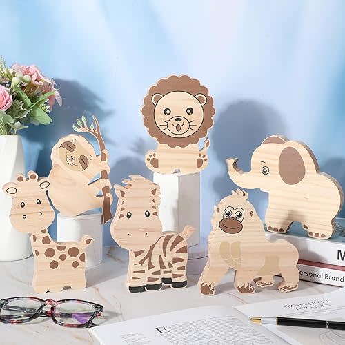 Youyole 6 Pcs Safari Nursery Decor Jungle Wooden Woodland Cute Animal Room Decor Safari Animal Nursery Room Decor Nursery Shelf Decor for Boy Girl Bedroom Playroom Toddler Classroom Decorations