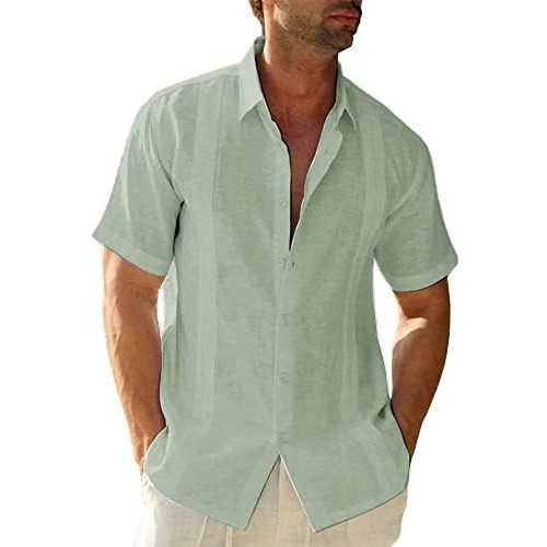 Mens Casual Linen Cotton Button Down Short Sleeve Shirts Cuban Camp Guayabera Beach Tops