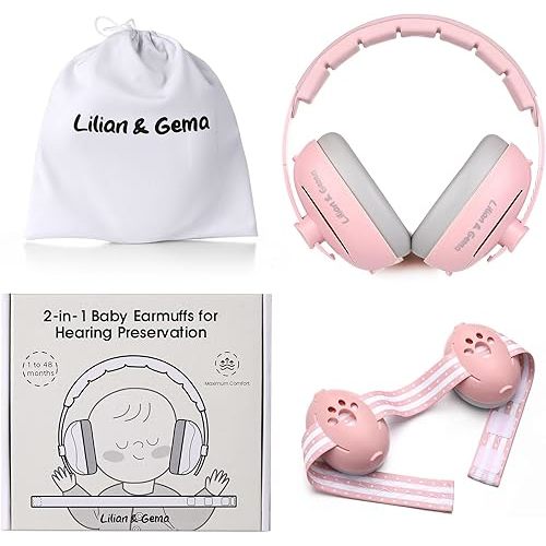 Lilian&Gema 2-in-1 Baby Ear Muffs Noise Protection, Adjustable Baby Headphones with Stretchy Band for Baby & Toddler