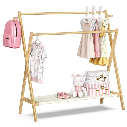 BAMBOOHOMIE Kids Clothing Rack With Storage Shelf & Double Rods, Foldable Dress Up Clothes Rack for Toddler Nursery, Child's Room, 100% Natural Bamboo (Large Size)