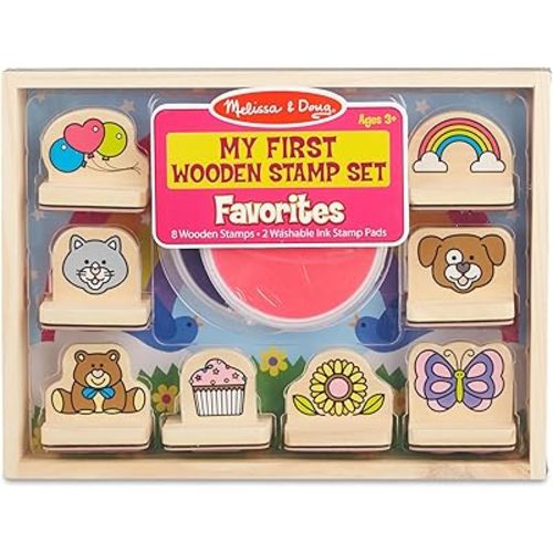 Melissa & Doug My First Wooden Stamp Set Favorites (8 Stamps with Handles, 2 Washable Ink Pads) Wooden Kids Stamps With Handles Set, For Kids Ages 3+
