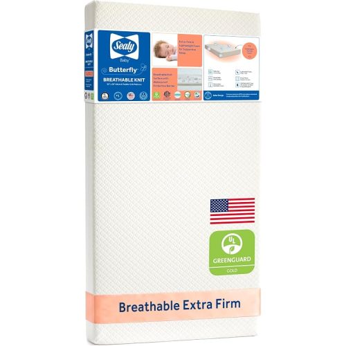 Sealy Baby Infant & Toddler Crib Mattress - Butterfly Knit Premium Foam, Waterproof and Breathable, Non Toxic Washable Zip off Cover, GREENGUARD GOLD Certified, Made in USA, 52x28